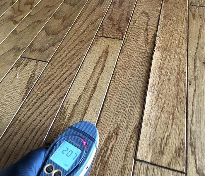 Trained technician uses water moisture meter to determine the extent of water damage on hardwood flooring in Santee home